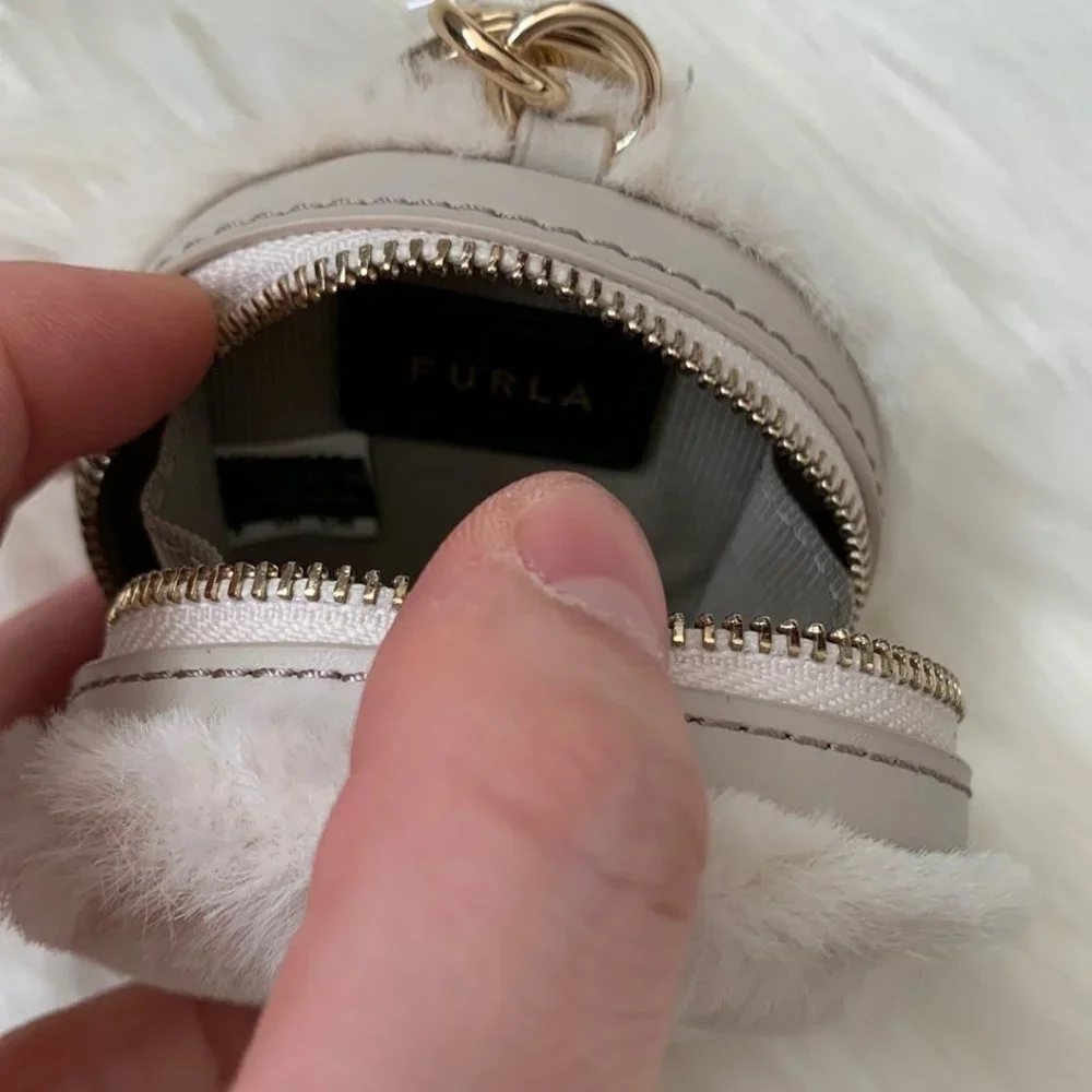 FURLA Faux Fur and Leather Round Logo Coin Purse Key Ring in Ivory - Picture 5 of 5